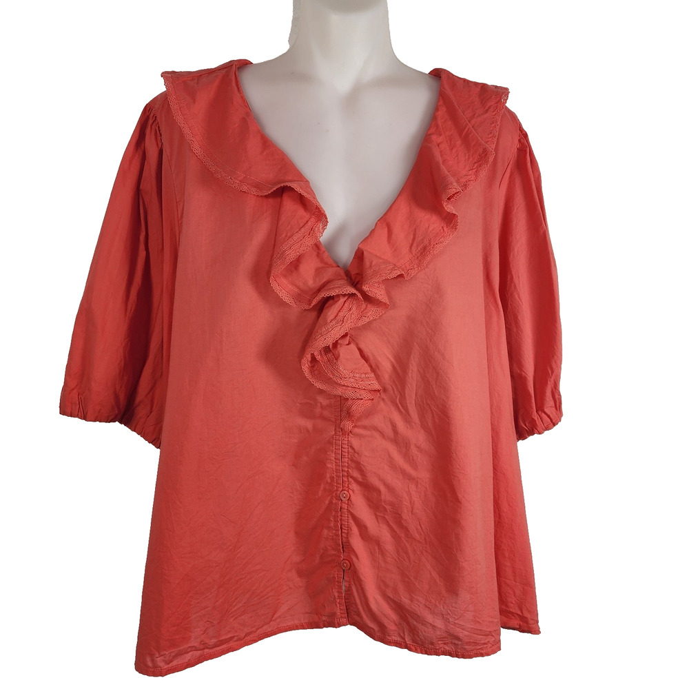 Old Navy Womens Ruffle Collar Button Top Cactus Bloom XXL Short Bubble Sleeve